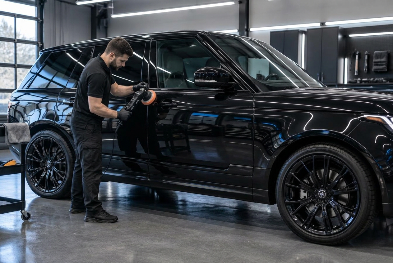 Professional detailer machine-polishing a black SUV in a clean automotive shop